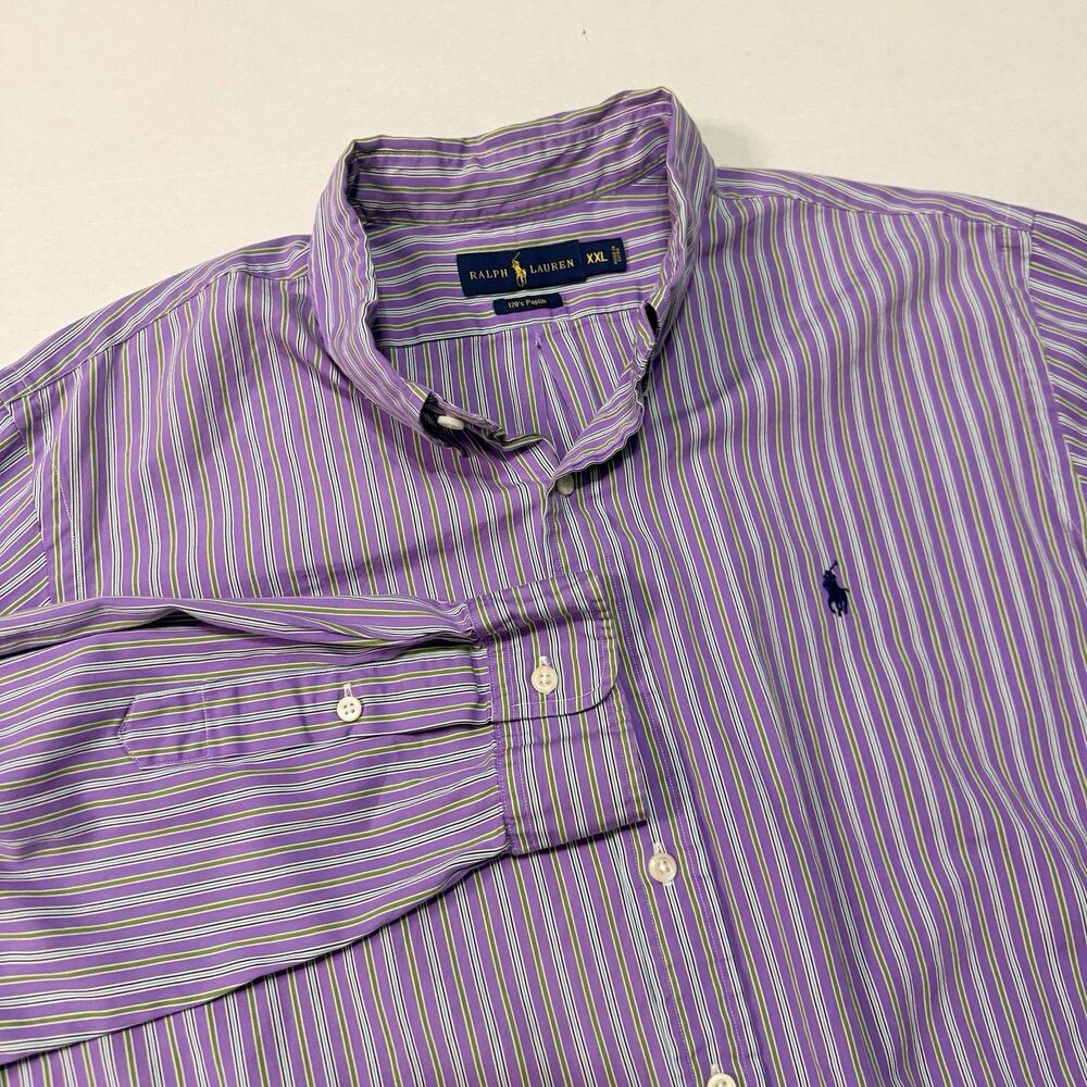 Ralph Lauren Polo 120's Poplin Shirt Men's XXL Buttons Purple Green Stripes Pony